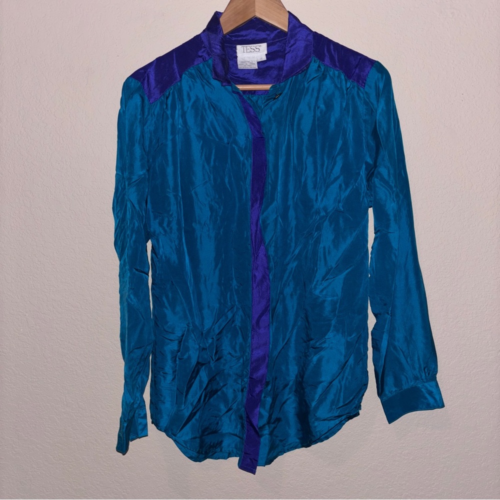 TESS Teal and Purple Button-Down Blouse
